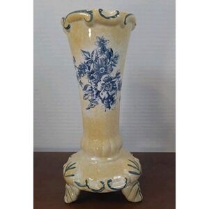 Napco 3-Legged Yellow with Blue Painted Flowers 8"‎ Ceramic Vase